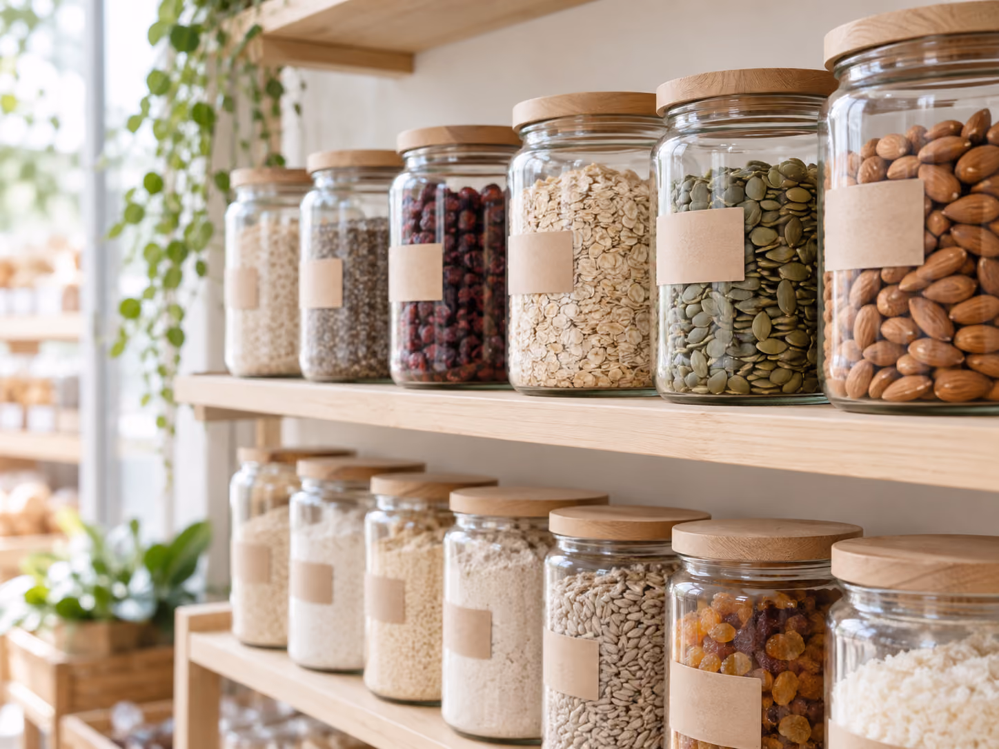Frascos con semillas, frutos secos y cereales en una dietética