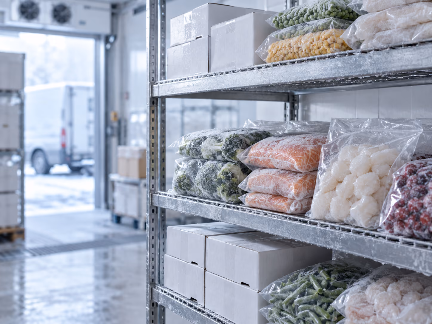 Cajas de productos congelados listas para distribución